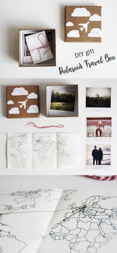 some pictures and drawings on a white surface with the words diy gift detour travel box