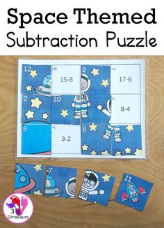 space themed subtraction puzzles for kids to practice number identification and counting with their own hands