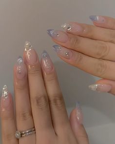 #nails #blue #cute #glitter #glitternails #nailart #nailsofinstagram #naildesign Light Blue Nails Aesthetic Short, Pearlescent Gel Nails, Wedding Jelly Nails, White Blue Glitter Nails, Icy Blue Glitter Nails, Blue Nails Asian, Korean Glass Nails Almond, Transparent Blue Nails, Dainty Almond Nails