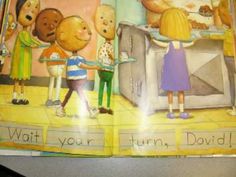 an open children's book with pictures of people cooking and talking to each other