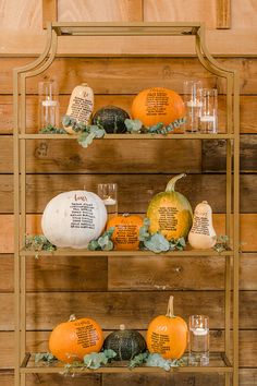 pumpkins and gourds are displayed on wooden shelves