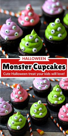 halloween monster cupcakes with green and pink frosting