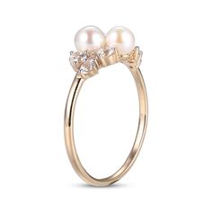 This ring is a lovely way to add sophistication to your look. Crafted in 10K yellow gold with white rhodium details, the design features a quartet of lustrous round freshwater cultured pearls. Varied sizes of round-cut white lab-created sapphires add sparkle here and there to complete the design. Hallmarked Yellow Gold Pearl Ring With Round Cut, Elegant Yellow Gold Pearl Ring With Polished Finish, White Round Pearl Ring With Polished Finish, Classic Yellow Gold Plated Pearl Ring, Luxury Hallmarked Yellow Gold Pearl Ring, Kay Jewelers, Gold Book, White Lab, Pearl Types