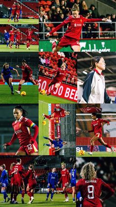 the collage shows many different pictures of soccer players in red and blue uniforms, with one player jumping up into the air