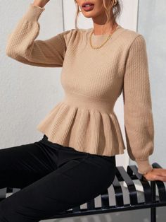 Elegant Simple Waist-Cinch Pullover Sweater With A-Line Hem, Long Sleeve Khaki Casual  Long Sleeve Knitwear Plain Pullovers Slight Stretch Spring/Fall Women Clothing, size features are:Bust: ,Length: ,Sleeve Length: Baseball Jacket Style, Simple Sweaters, Silk Stockings, Estilo Hip Hop, Casual Cardigans, Knit Sweater Dress, Inspiration Mode, Long Sleeve Cardigan, Kids Beachwear