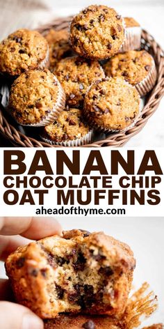 banana chocolate chip oat muffins in a wicker basket with text overlay