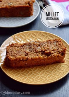 two plates with slices of banana bread on them and the text millet banana cake