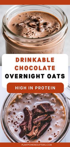 chocolate overnight oats in a glass jar with the title drinkable chocolate overnight oats high in protein