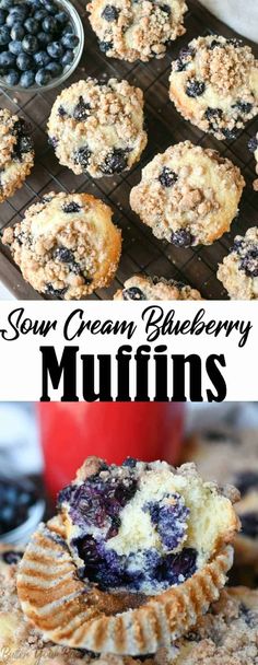 blueberry muffins on a cooling rack with the words sour cream blueberry muffins