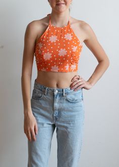 "Hand Made Halter Top Using Vintage 70's Fabric Orange floral pattern Rear tie closure at neck and waist Fits appx. Size XS - M  12\" length" 70s Halter Top, Pink Reebok, Black Leather Biker Jacket, Yellow Floral Dress, Womens Halter Tops, Vintage Floral Dress, Crochet Halter Tops, Floral Blazer, Butterfly Dress