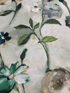 an oil painting of flowers in vases on a white tablecloth with green leaves