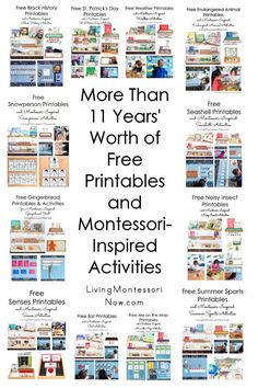 a poster with the words more than ten years worth of free printables and montesso