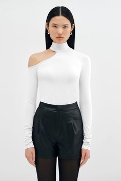 Off White Cutout Long Sleeve Top - Evan Top | Marcella Solid One Shoulder High Stretch Tops, White Stretch One Shoulder Top For Night Out, Party High Neck Tops, Bachelorette Outfits, Top Clothing, Extra Long Sleeves, Cut Out Top, Celebrity Chefs, The A Team