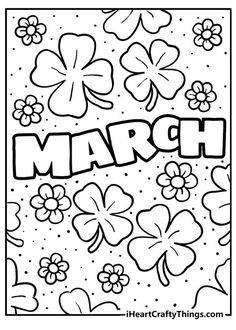 march coloring page with shamrocks and flowers in black and white for kids to color