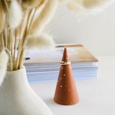 a vase with some flowers in it and a small cone on the table next to it