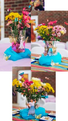 three pictures of vases filled with flowers on top of a blue table cloth covered table