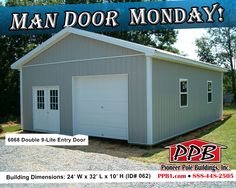 a two car garage with the words man door monday on it's front and side