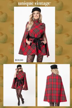 Take up the mantel and hold the aesthetic high, dolls! A 1960s inspired piece from Smak Parlour, the Savile Row Cape Coat is crafted in a warm woven fabric that features a gorgeous red plaid pattern with green, blue, black, and yellow accents. The cozy high neckline is secured with asymmetrical buttons while the beautiful cape drapes over your shoulders. Functional side pockets are outfitted on the front panel while a black sash cinches your silhouette for a stylizing scene!.Available in sizes XS-1X while supplies last. | Smak Parlour Red Plaid Savile Row Cape Coat | Size 3X/20 Plaid Cape Outfit, Cape Coat Pattern, Red Winter Cape One Size, 60s Cape Coat, Plaid Cape Coat, Red One-size Cape Shawl, Renn Faire, 1960s Inspired, Yellow Accents