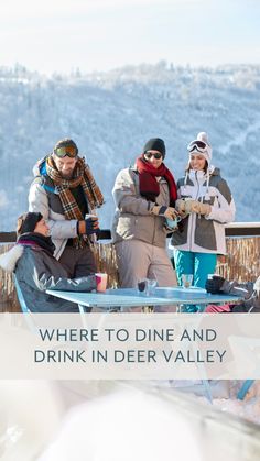 three people sitting at a picnic table with the words where to dine and drink in deer valley