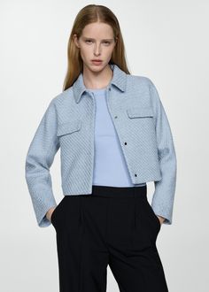 Cropped tweed jacket with pockets - Woman | MANGO USA Short Sleeve Jacket Winter, Short Womens Jacket, Short Design, Blue Tweed, Jacket With Pockets, Tweed Fabric, Total Look, Tweed Blazer, Designer Shorts