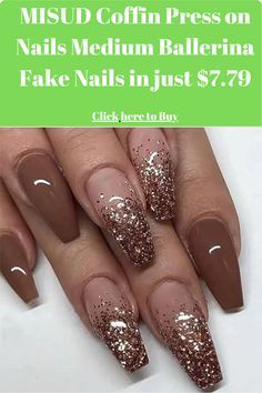 MISUD Coffin Press on Nails Medium Ballerina Fake Nails Fall Brown Acrylic Nails Glossy Glue on Nails Luxury Bling Glitter False Nails 24 pcs Nail Extension Design, Brown Acrylic Nails, Gel Nails At Home, Long Nail Designs, Coffin Press On Nails, Ombre Nail Designs, Fall Acrylic Nails, Thanksgiving Nails, Fall Nail Art