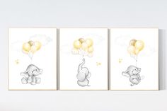 three pictures of elephants with balloons in the shape of animals on white paper, hanging on a wall