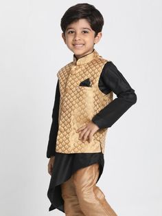 VASTRAMAY Boys' Gold Cotton Silk Blend Nehru Jacket This VASTRAMAY Boys' Gold Cotton Silk Blend Nehru Jacket is the perfect addition to your child's wardrobe for festive occasions and formal events. Crafted with a luxurious cotton silk blend, this jacket combines traditional elegance with modern style, making it a versatile piece for various occasions. Key Features Elegant gold color Traditional Nehru collar Comfortable cotton silk blend fabric Front button closure Two front pockets Suitable for Traditional Festive Sets For Fall, Gold Nehru Jacket For Festive Parties, Festive Gold Nehru Jacket For Party, Long Sleeve Traditional Wear For Winter Party, Traditional Gold Nehru Jacket For Party, Traditional Winter Kurta For Party, Long Sleeve Nehru Jacket For Party In Winter, Traditional Gold Party Outerwear, Traditional Winter Party Kurta