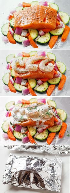 the process of making salmon and vegetables in foil packets is shown with different stages of cooking