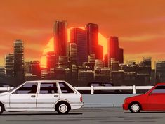 two cars are parked in front of a cityscape with the sun going down