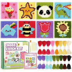 the cross stitch kit includes many different designs and colors, including one for each child