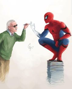 an older man is painting a spider - man in front of him with his hand