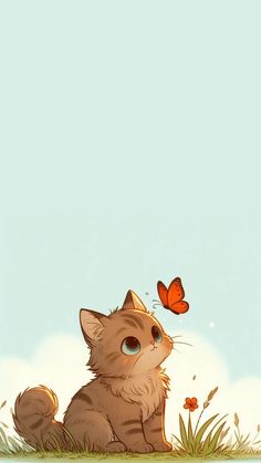 a cat sitting in the grass with a butterfly flying over it's back end