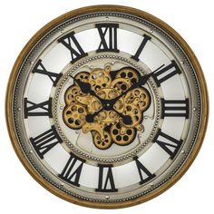 an ornate clock with gold gears on the face and black hands, isolated against a white background