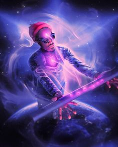 a woman with pink hair and glasses holding a purple object in her hands while standing on top of a planet