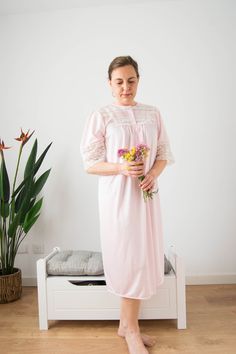 "💐 Lovely quality on this never worn 70s Vintage pastel pink nightgown with white lace, plenty of details: pleated on the bust, one embroidered ribbon across the chest with little pink and blue details, and embroidered small flowers into a bow on the sides of the yoke. It's semisheer and silky. The composition is not specified but it's nylon or polyester. This beautiful nightdress is in mint condition. It will fit for different sizes but please check MEASUREMENTS and REFERENCE below. 6-8-10US, Pink Nightgown, Embroidered Ribbon, Gown For Women, Lace Nightgown, Vintage Nightgown, Romantic Night, Women's Nightgowns, 70s Vintage, Vintage Heart