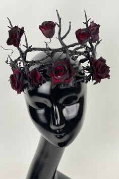 Gothic Crown Dark Roses Dark Fairy Accessories, Gothic Wedding Crown, Gothic Crown Diy, Gothic Head Accessories, Gothic Tall Crown For Costume, Gothic Costume Hat With Round Crown For Costume Party, Gothic Halloween Headpiece With Round Crown, Gothic Crown Headpiece For Fantasy Events, Gothic Round Crown Headpiece For Halloween