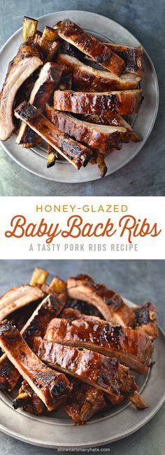 honey glazed baby back ribs on a plate with text overlay that reads, honey glazed baby back ribs