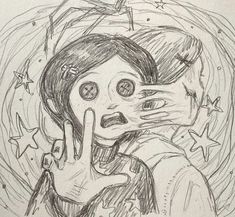 a drawing of a woman holding her hand up to her face with stars in the background