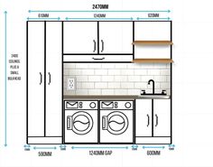 a kitchen with white cabinets and blue lines on the wall, labeled in black text