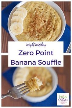 a close up of a plate of food with bananas on it and the words zero point banana souffle