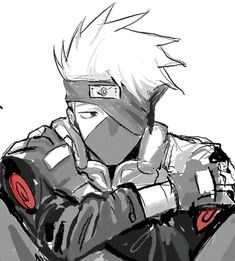 a drawing of a man with white hair and red eyes sitting on the ground wearing a helmet