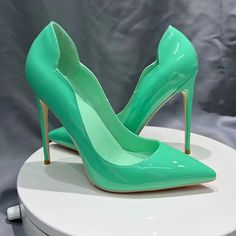 TAAFO Black Curl Upper Women Patent Pointed Toe Stiletto High Heels Ladies Party Dress Shoes Club Dance Pumps 12/10/8cm 12cm Black-33 High Heel Shoes Elegant, Curl Cut, Mint Green Heels, Black Curls, High Heel Dress Shoes, Red Bottom Shoes, Lady Shoes, High Heel Dress, Green Side