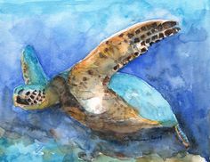 a painting of a turtle swimming in the ocean