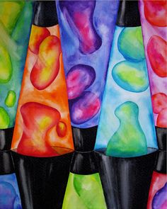 a painting of different colored vases on a black tablecloth with an abstract design