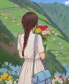 a girl in a white dress carrying a blue purse and flowers on her shoulder, looking at the mountains