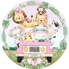 a pink jeep with animals in the front and palm leaves around it on a white background