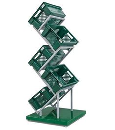 a stack of green bins sitting on top of a metal stand in front of a white background