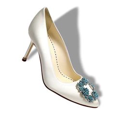 White Satin Almond Toe Pumps Featuring Blue Square Crystal Buckle, Finished With A Stiletto Mid Heel. Never Worn! Size 38 (8) Manolo Blahnik Lurum, Manolo Blahnik Slingback, Manolo Blahnik White, Manolo Blahnik Red, Manolo Blahnik Maysale, Gold Kitten Heels, Shoes Manolo Blahnik, Clear Strap Heels, Manolo Blahnik Hangisi