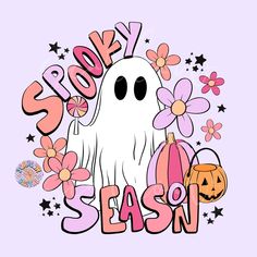 a white ghost with flowers and a trick written in pink on a purple background that says scary season