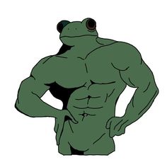 a green frog standing with his hands on his hips